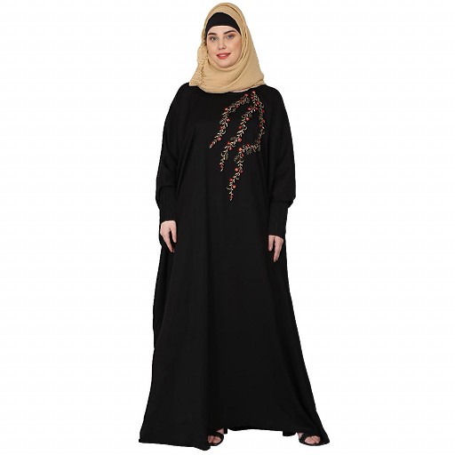 Embroidery Kaftan with pleated sleeves- Black